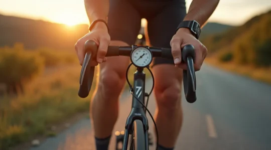 Ein Radfahrer auf einer landschaftlich reizvollen Tourenstrecke prüft den Reifendruck seines Fahrrads mit einer Pumpe und einem Manometer.