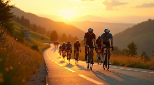 Eine dynamische Gruppe von Radfahrern, die in malerischer Natur ihre Geschwindigkeit steigern.