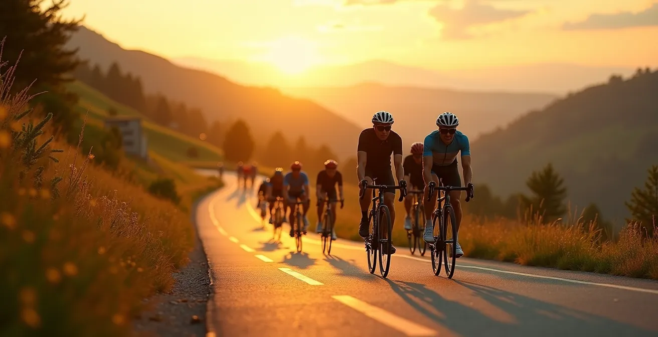 Eine dynamische Gruppe von Radfahrern, die in malerischer Natur ihre Geschwindigkeit steigern.
