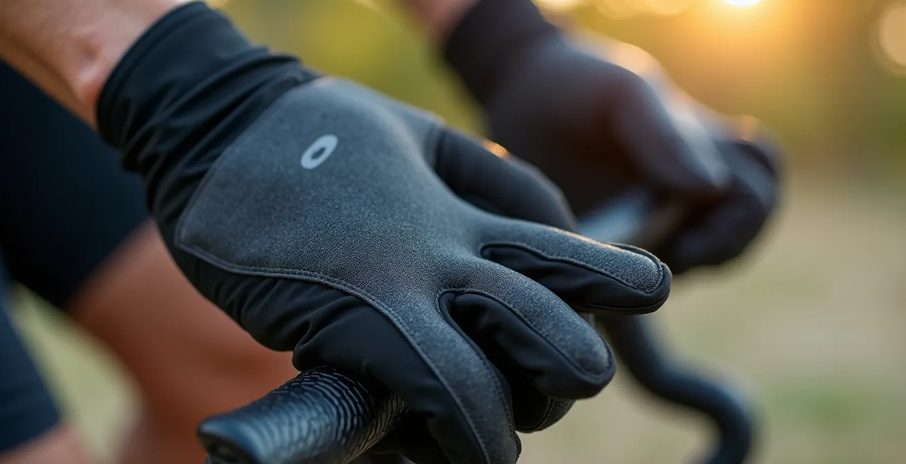 Nahaufnahme von Radhandschuhen mit sichtbaren Gelpolstern und Touchscreen-Kompatibilität