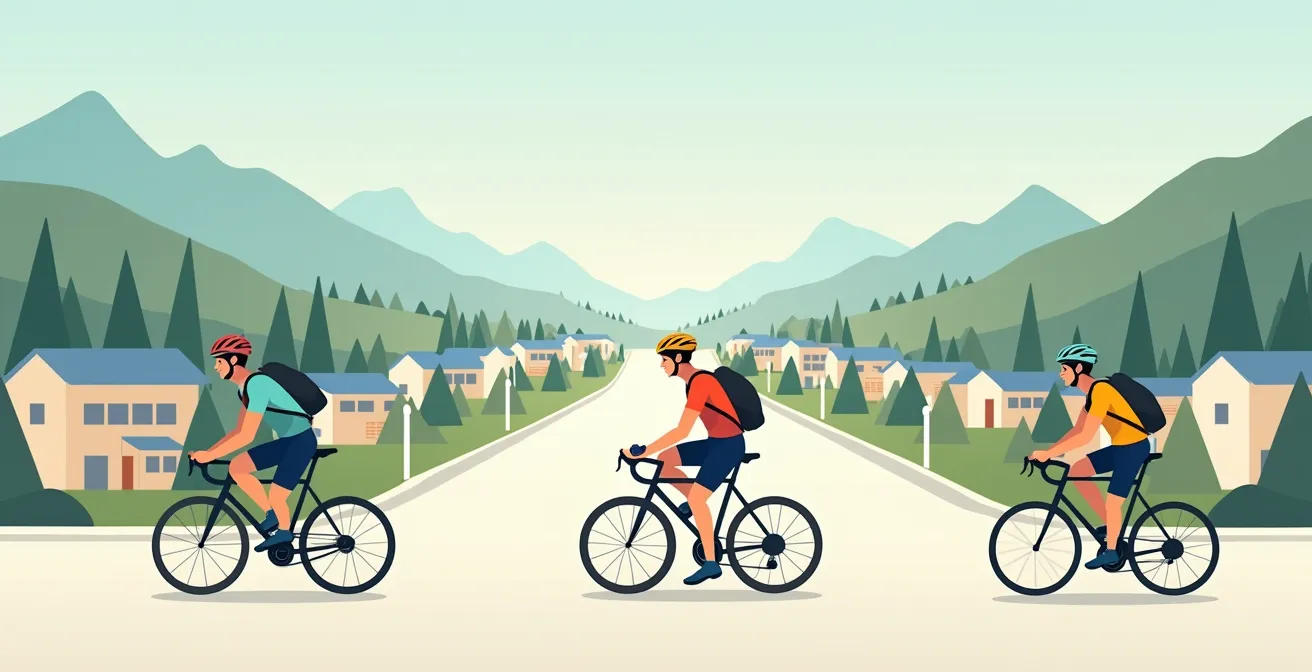 Symbolische Darstellung verschiedener Radfahrertypen, die jeweils auf unterschiedlichen Fahrrädern individuelle Routen verfolgen, was die persönliche Analyse des Nutzungsprofils verdeutlicht.