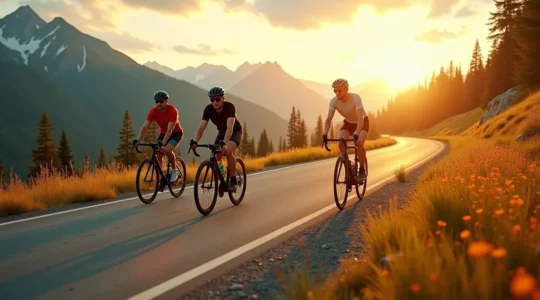 Drei Fahrradtypen Rennrad, Mountainbike und Gravelbike nebeneinander auf einer abwechslungsreichen Landschaftsroute