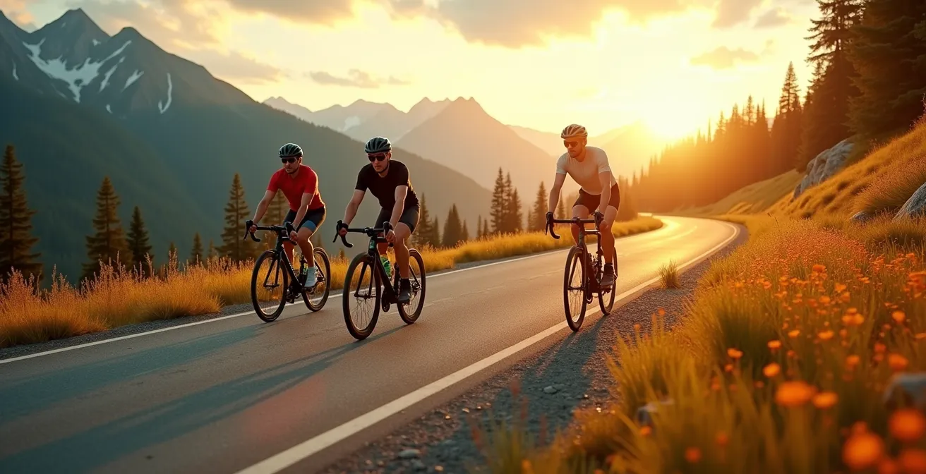 Drei Fahrradtypen Rennrad, Mountainbike und Gravelbike nebeneinander auf einer abwechslungsreichen Landschaftsroute