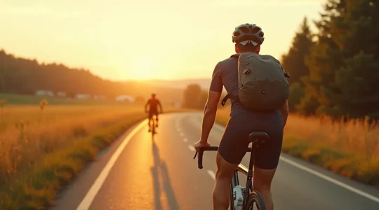 Fahrradfahrer auf Panoramaweg mit moderner Ausrüstung im Sonnenlicht, Symbol für durchdachte Materialwahl im Radtourismus