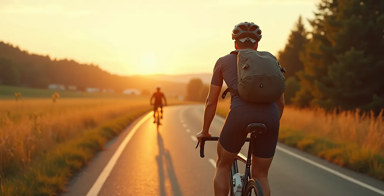 Fahrradfahrer auf Panoramaweg mit moderner Ausrüstung im Sonnenlicht, Symbol für durchdachte Materialwahl im Radtourismus