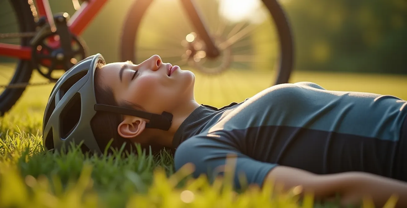 Radfahrer entspannt auf einer Wiese in Radkleidung, mit geschlossenen Augen und Fahrrad neben sich.