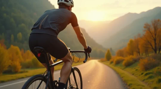 Ein erfahrener Radfahrer, der auf einem Tourenrad geschmeidig und präzise seine Gänge schaltet, in einer landschaftlichen Umgebung mit Bergen und Radweg