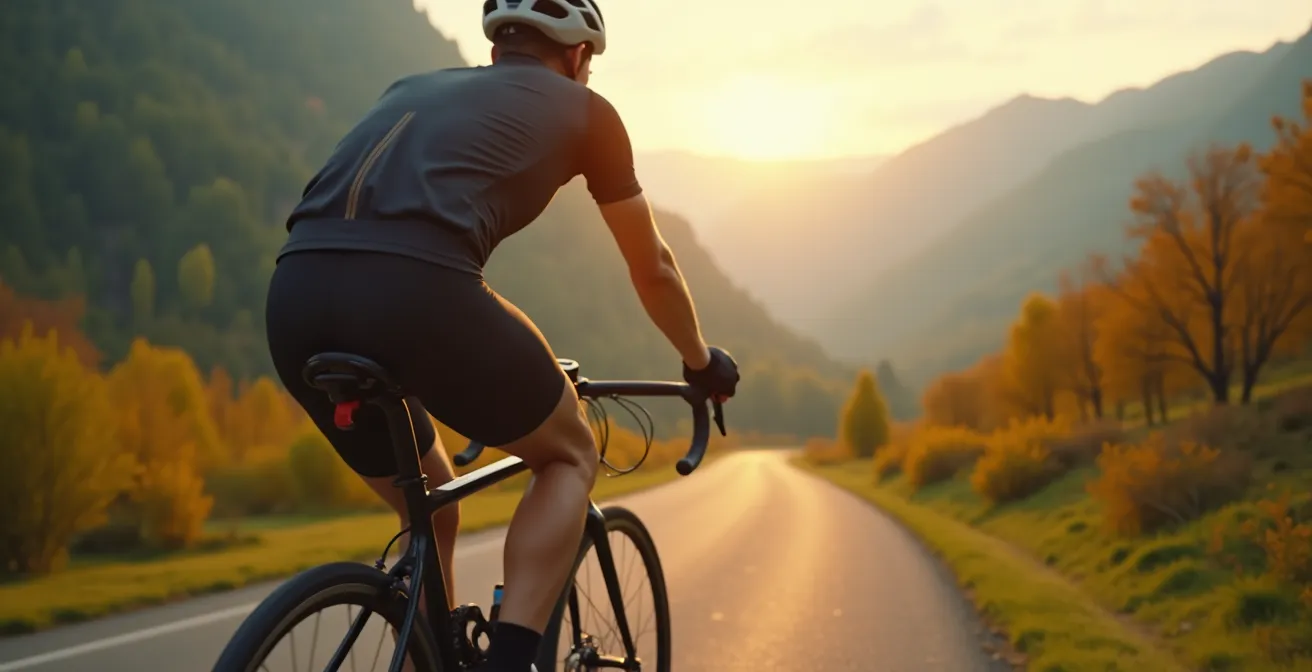 Ein erfahrener Radfahrer, der auf einem Tourenrad geschmeidig und präzise seine Gänge schaltet, in einer landschaftlichen Umgebung mit Bergen und Radweg
