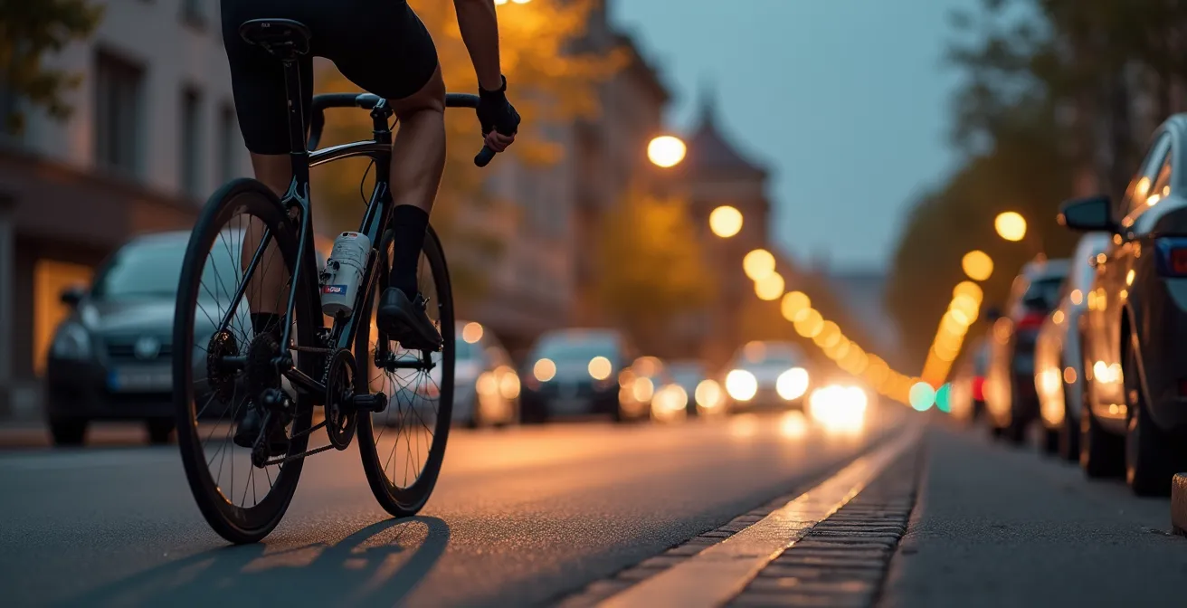 Rennrad mit unpassender Ausrüstung wie hohen Carbonlaufrädern und Klickpedalen in einer städtischen Umgebung, das sichtbar durch Wind und eine Bordsteinkante behindert wird.