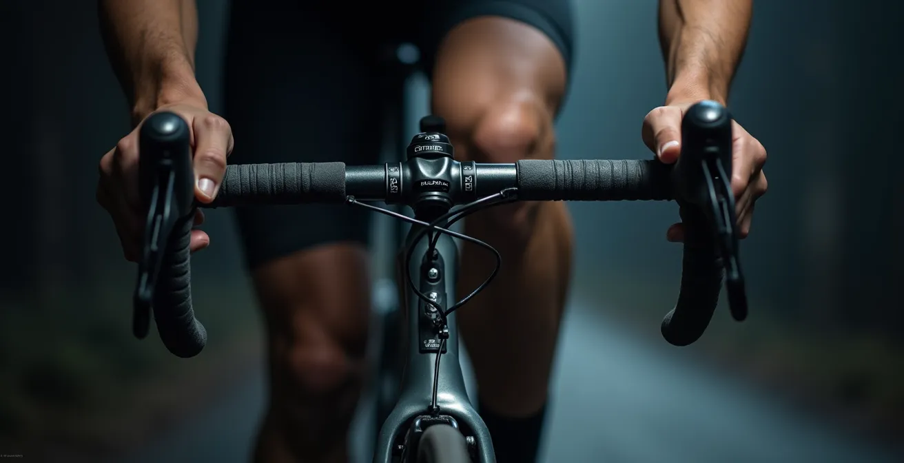 Detailaufnahme eines Rennrads mit breiten Reifen, Gel-Lenkerband und ergonomischen Griffen als Komfortelemente.