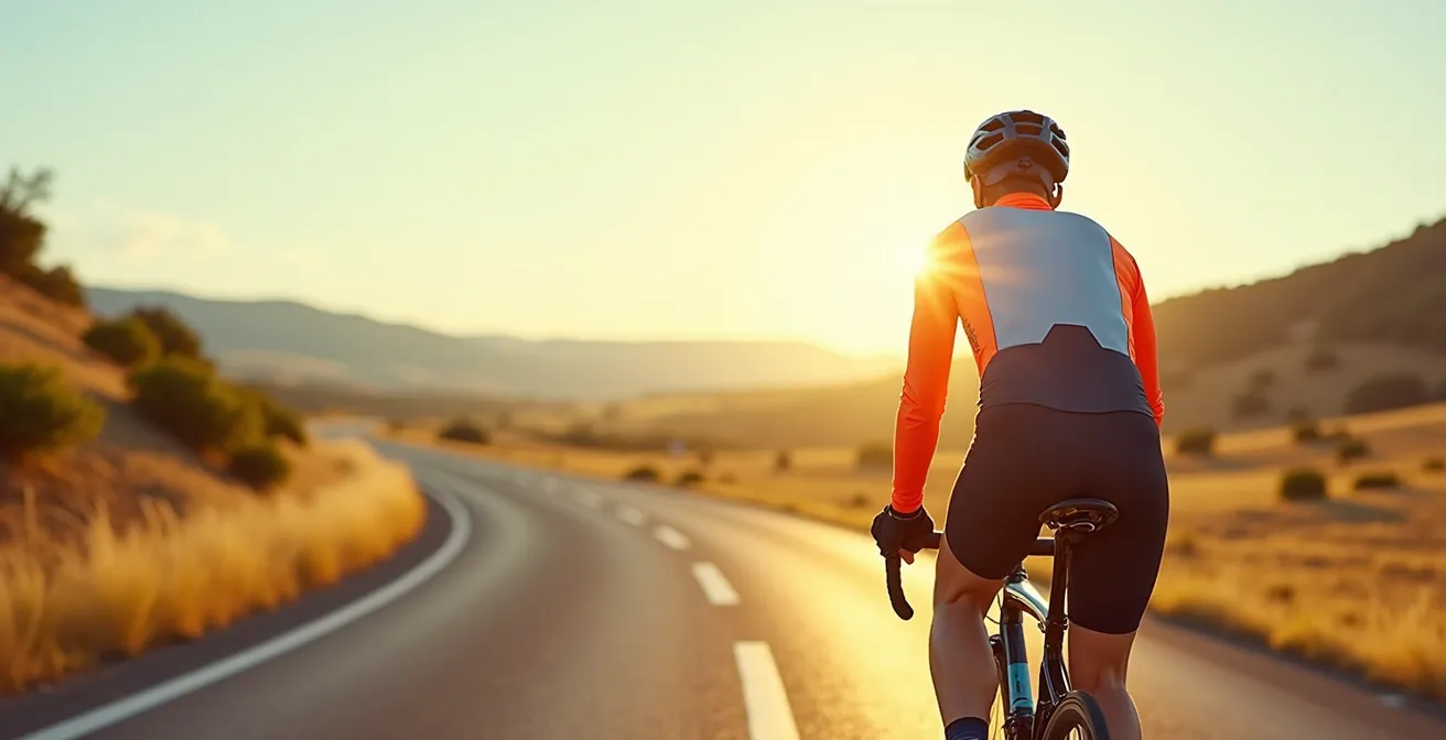 Ein Fahrradfahrer auf der Straße zeigt Schutzkleidung von Kopf bis Fuß, inklusive Helm, Handschuhe, reflektierende Kleidung und gepolsterte Radhose