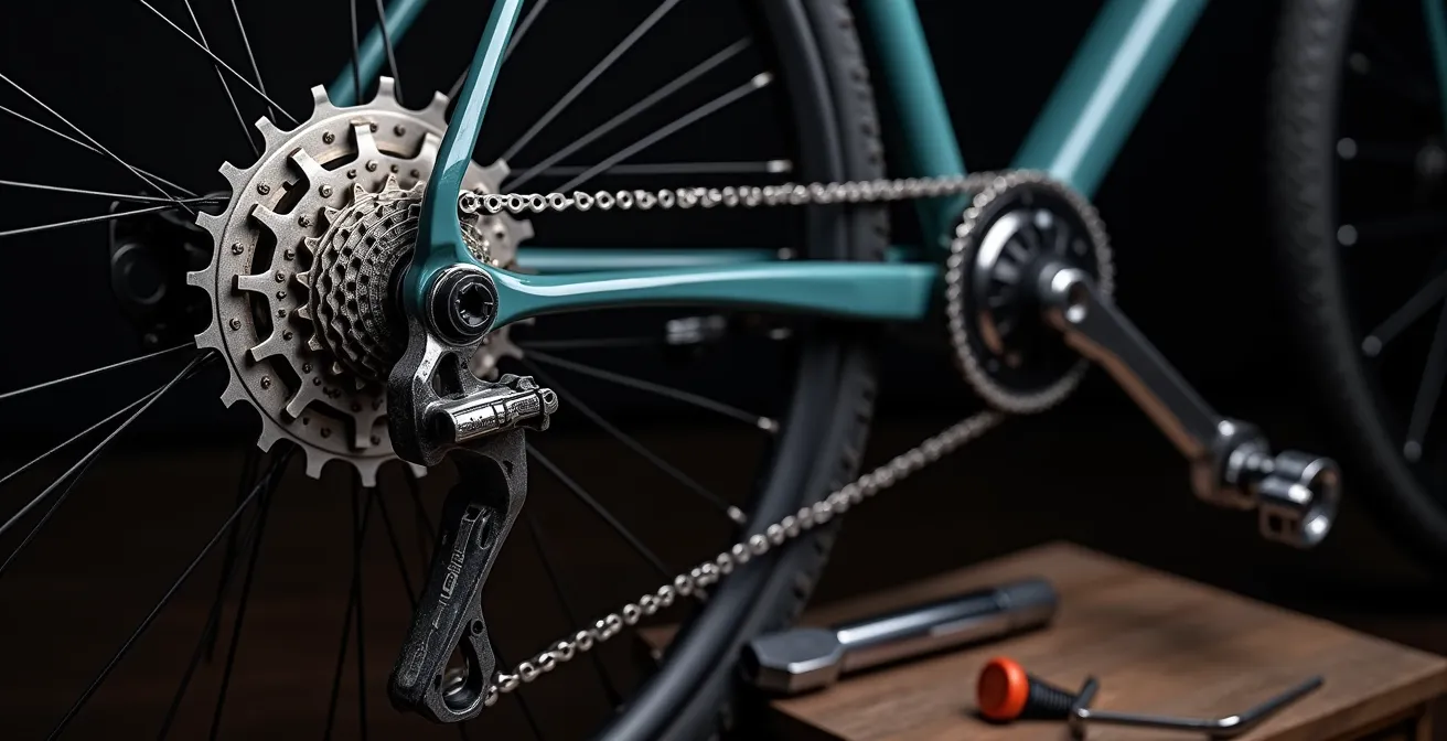 Visualisierung eines verbogenen Schaltauges am Fahrradrahmen mit Linien zur Diagnose und Reparaturwerkzeugen