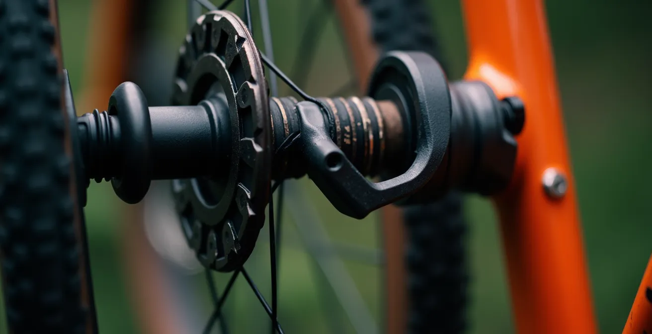Ein Fahrrad mit einem Schnellspanner am Vorderrad, dessen Hebel nach hinten ausgerichtet ist, um zu verhindern, dass er an Ästen hängen bleibt, symbolisiert korrekte Sicherheitsmontage.