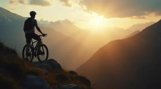Ein Radfahrer in Gedanken versunken, der auf einem Berggipfel steht und auf eine verschwommene, potenziell gefährliche Fahrradstrecke hinunterblickt, symbolisiert präventives Denken und Risikobewusstsein.