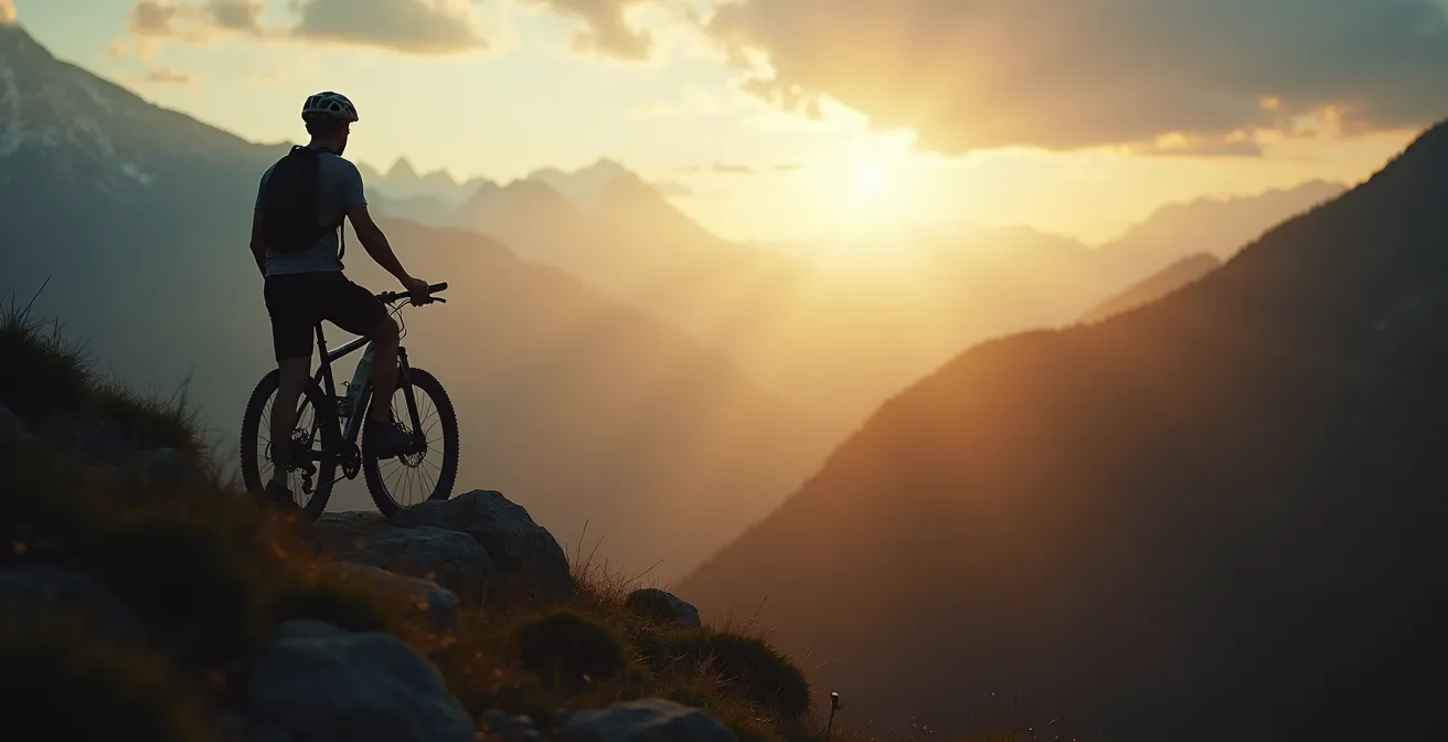 Ein Radfahrer in Gedanken versunken, der auf einem Berggipfel steht und auf eine verschwommene, potenziell gefährliche Fahrradstrecke hinunterblickt, symbolisiert präventives Denken und Risikobewusstsein.