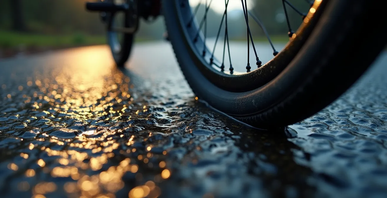 Close-up eines Rennradreifens auf nassem Asphalt mit sichtbaren Pfützen und Reflexionen, dramatische Lichtstimmung.