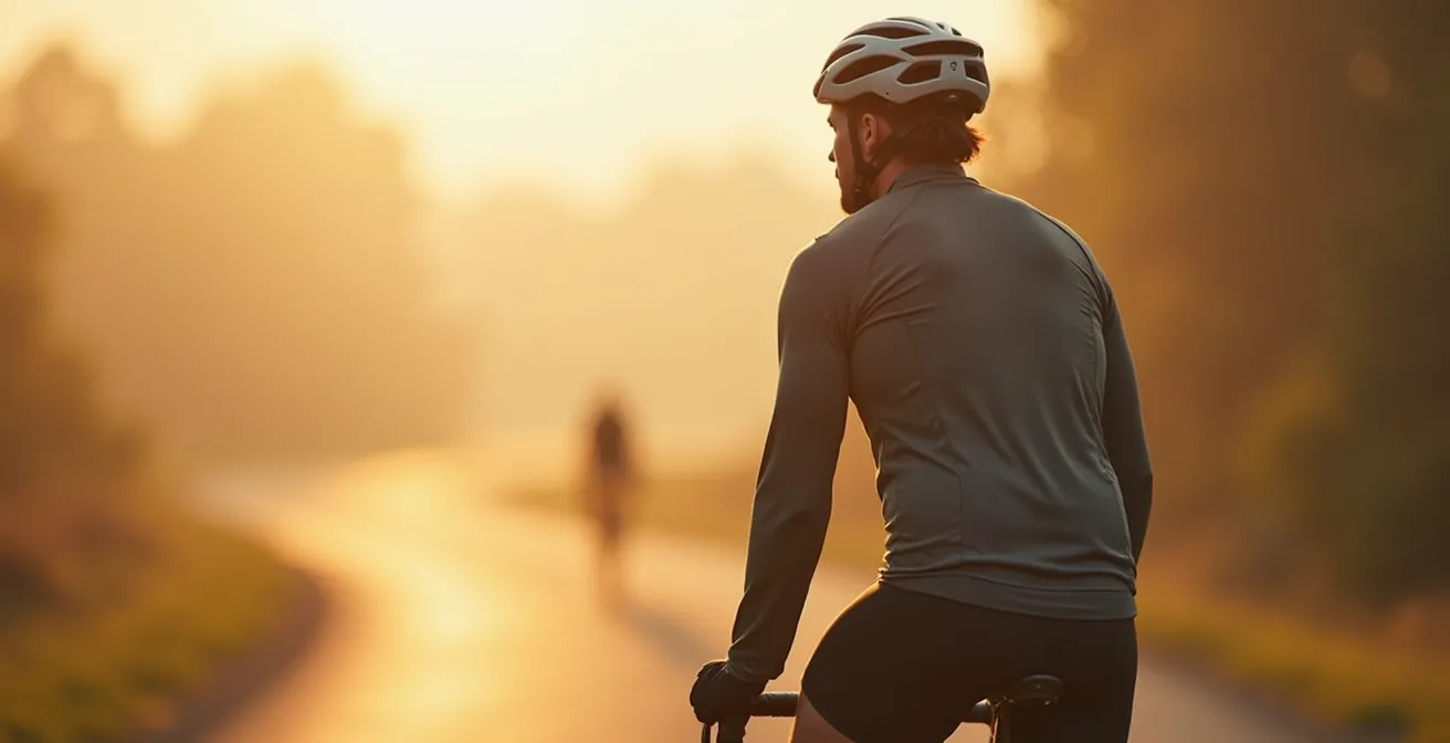 Radfahrer mit Schichtenbekleidung, die zu Beginn einer Tour leicht friert und sich an sonnigem Morgen vorbereitet