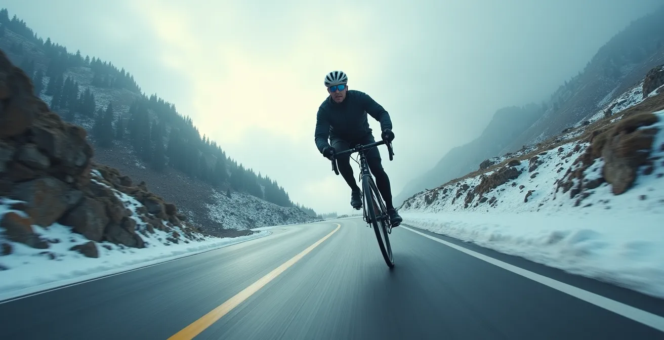 Radfahrer erlebt den Windchill-Effekt mit kaltem Fahrtwind und sichtbaren Kondensationen an der Kleidung