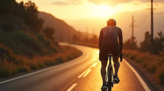 Ein Radfahrer in enger, aerodynamischer Funktionsbekleidung auf einem Rennrad, umgeben von dynamischen Luftstromlinien, die die Bedeutung von Technologie und Komfort veranschaulichen.