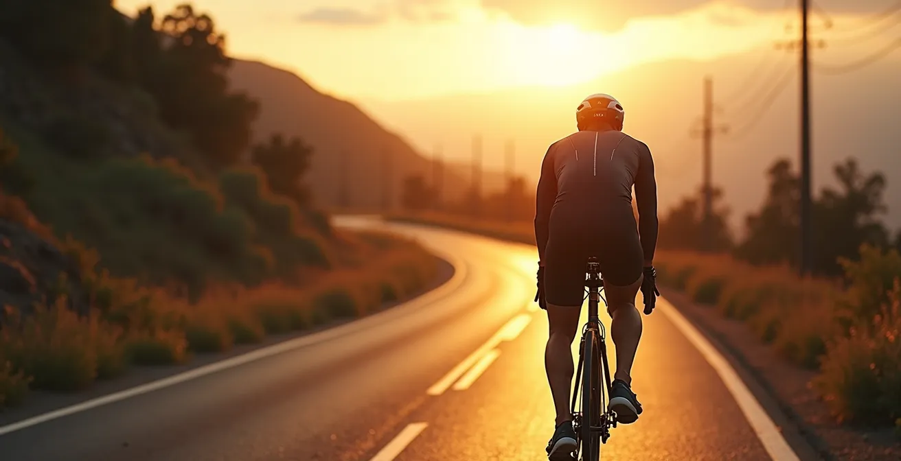 Ein Radfahrer in enger, aerodynamischer Funktionsbekleidung auf einem Rennrad, umgeben von dynamischen Luftstromlinien, die die Bedeutung von Technologie und Komfort veranschaulichen.