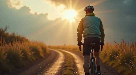 Radfahrer mit dreischichtigem Outfitsystem bei wechselhaftem Wetter
