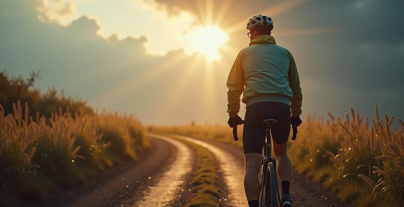 Radfahrer mit dreischichtigem Outfitsystem bei wechselhaftem Wetter