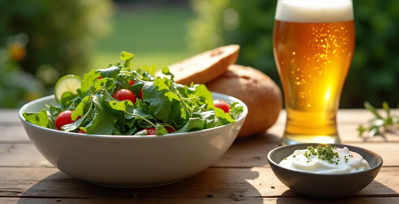 Holztisch im Biergarten mit gesunden Snack-Alternativen für Radfahrer, wie Salat und alkoholfreiem Weizenbier.