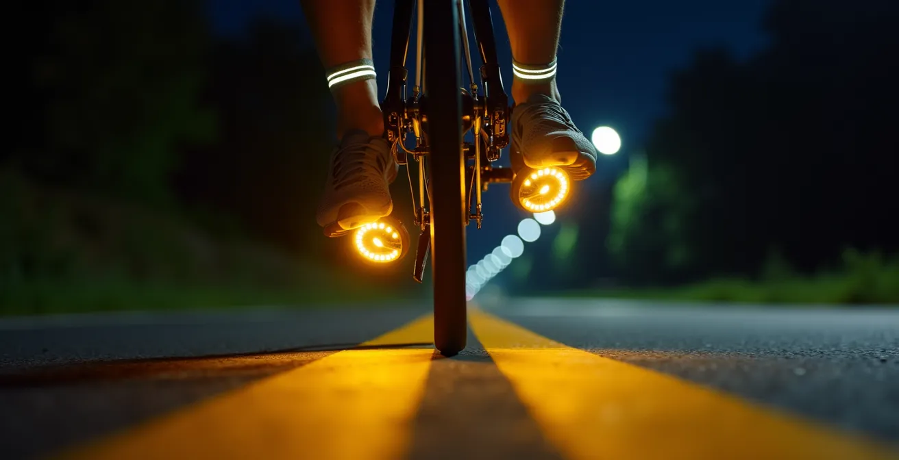 Nahaufnahme von Fahrradpedalen mit gelben Reflektoren in kreisförmiger Bewegung bei Nacht