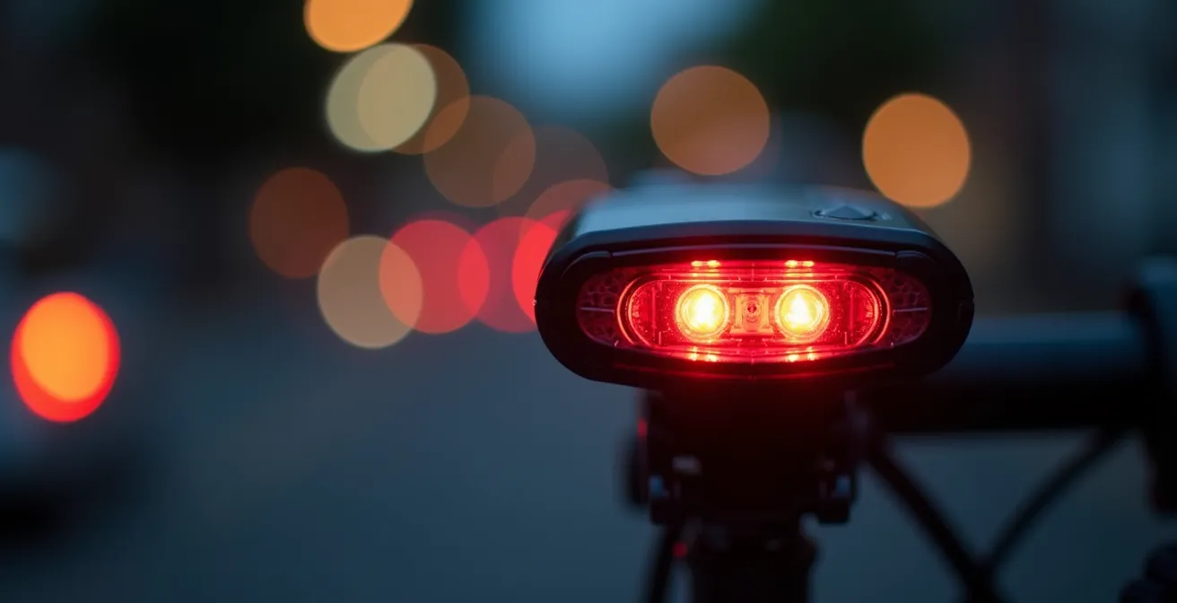 Modernes Fahrradrücklicht mit aktivierter Bremslichtfunktion bei Nacht