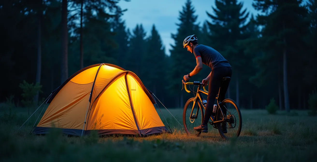 Fahrrad sicher am Zeltplatz befestigt mit speziellen Sicherheitsvorkehrungen bei Dämmerung