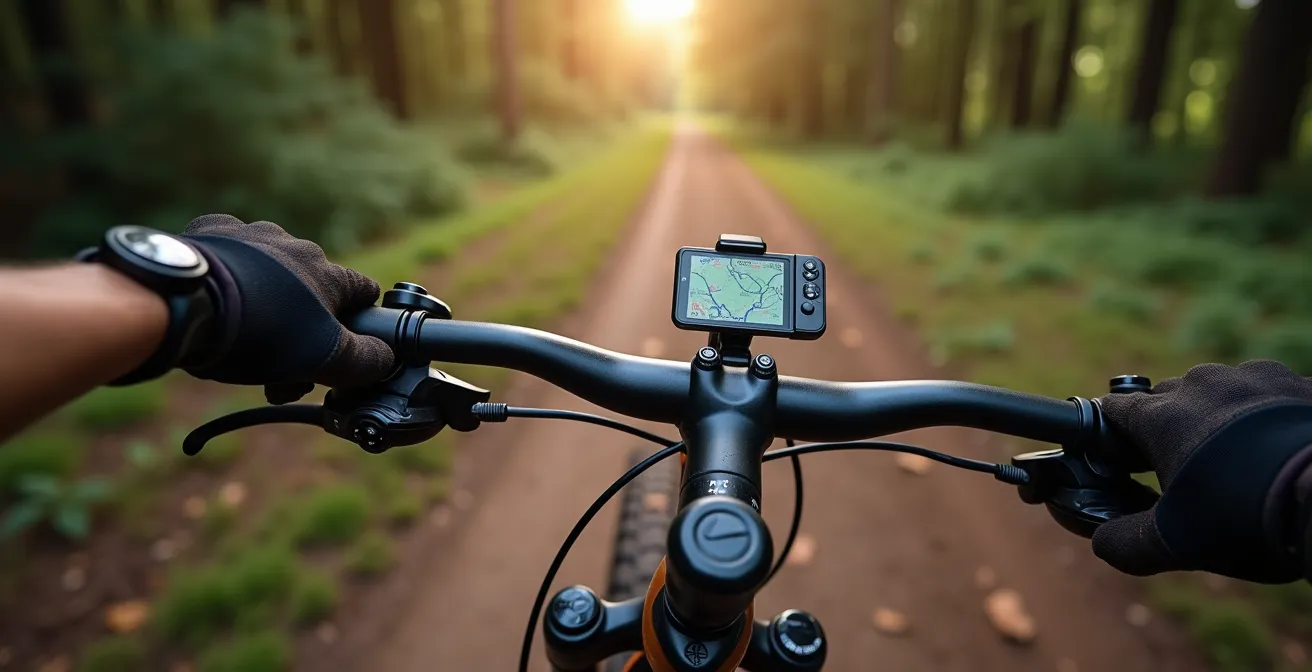 Digitale Kartenanzeige am Mountainbike auf einem Waldweg in einem deutschen Mittelgebirge