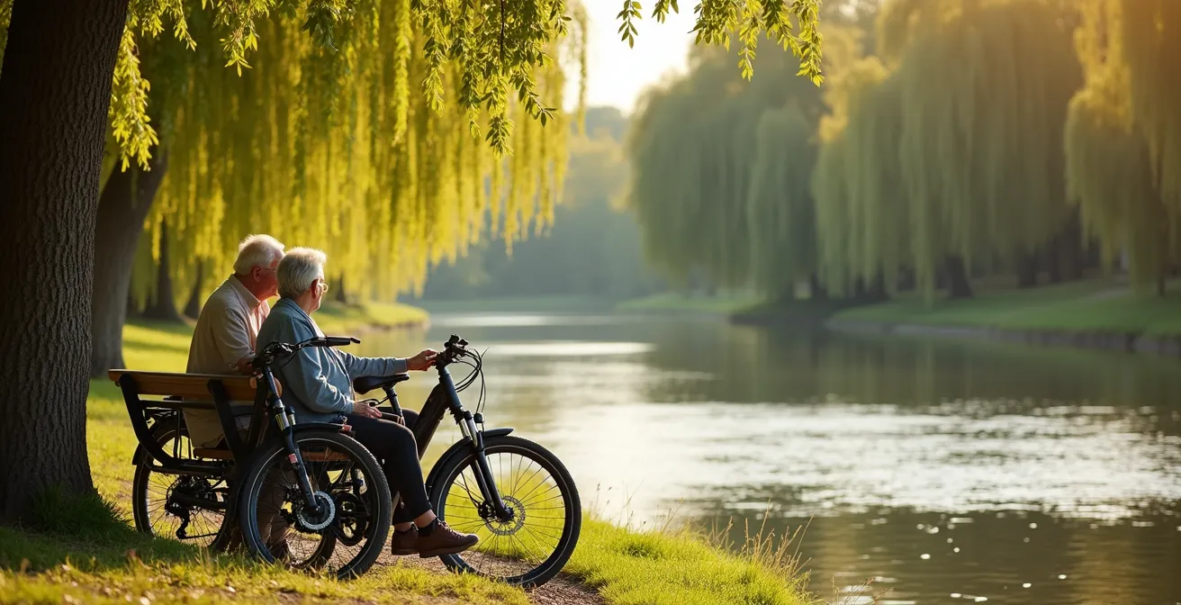 Älteres Paar mit E-Bikes macht Pause an idyllischem deutschen Flussufer