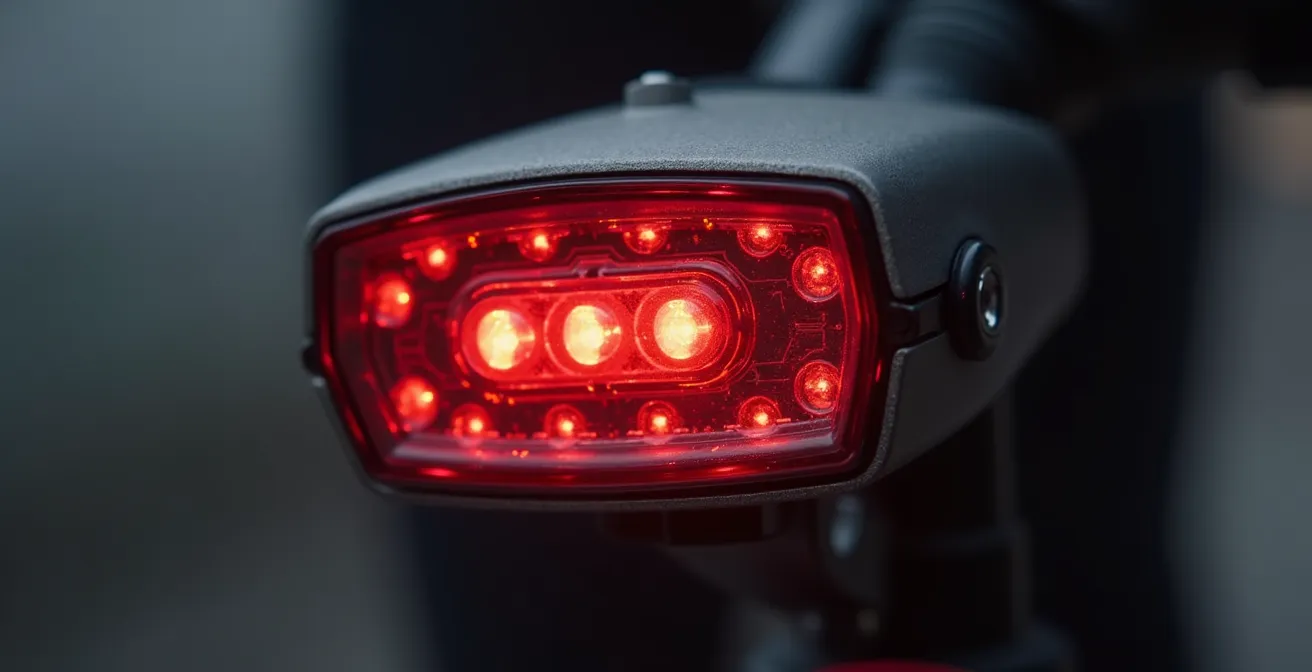 Nahaufnahme moderner Fahrrad-Rücklichter mit Bremslichtfunktion