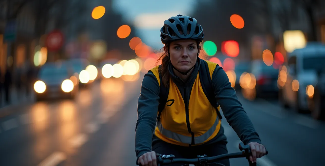 Radfahrer in der Dämmerung mit aktiviertem Tagfahrlicht im deutschen Stadtverkehr