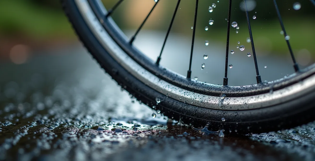 Detailaufnahme von hochwertigen Aluminium-Schutzblechen an einem Fahrrad bei Regenwetter