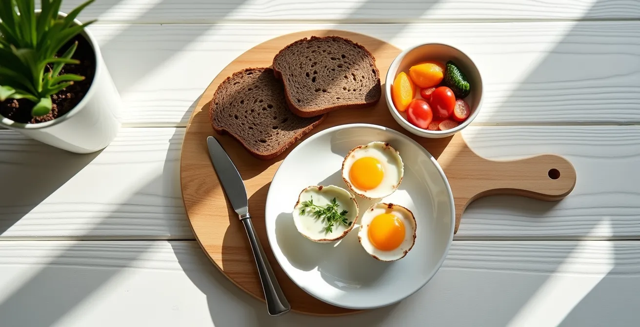 Gesundes deutsches Frühstück mit Vollkornbrot, Quark und Ei auf einem Holztisch nach dem Morgensport.