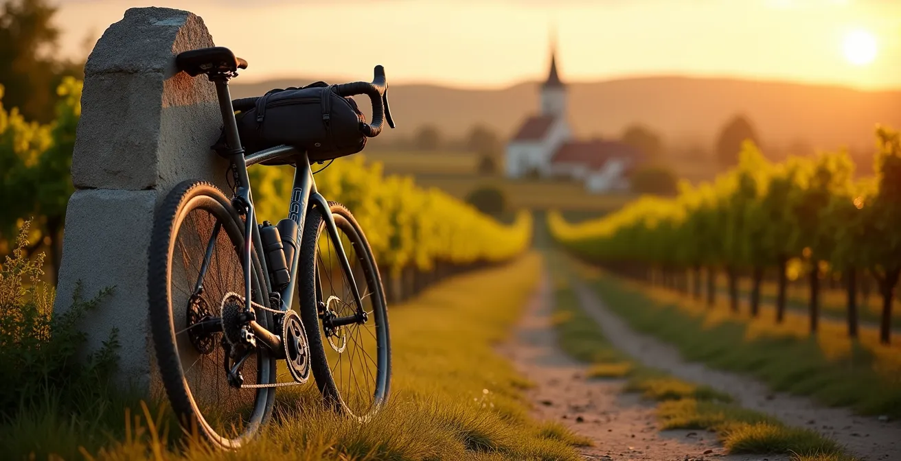 Ein Gravel-Bike lehnt an einem alten Weinbergstein mit Panoramablick über eine deutsche Weinlandschaft in der Abendsonne.