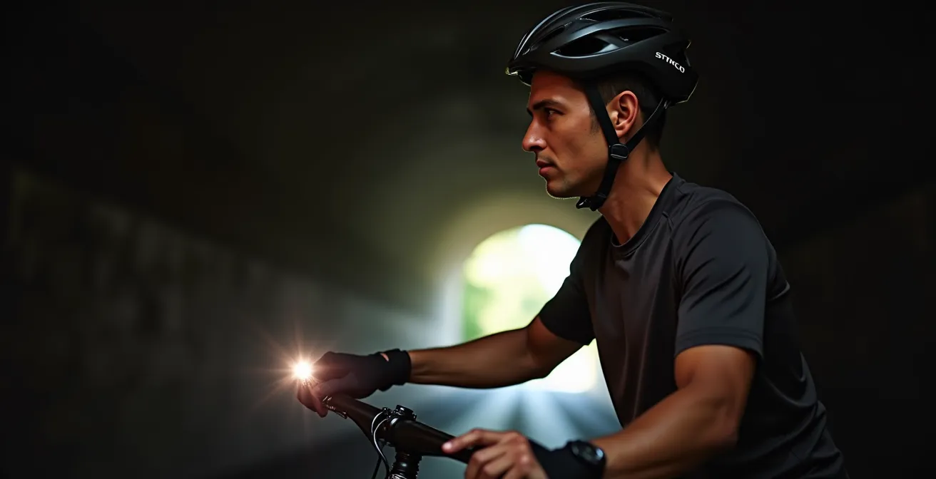 Fahrradlampe mit Lichtsensor bei Tunneleinfahrt in der Dämmerung