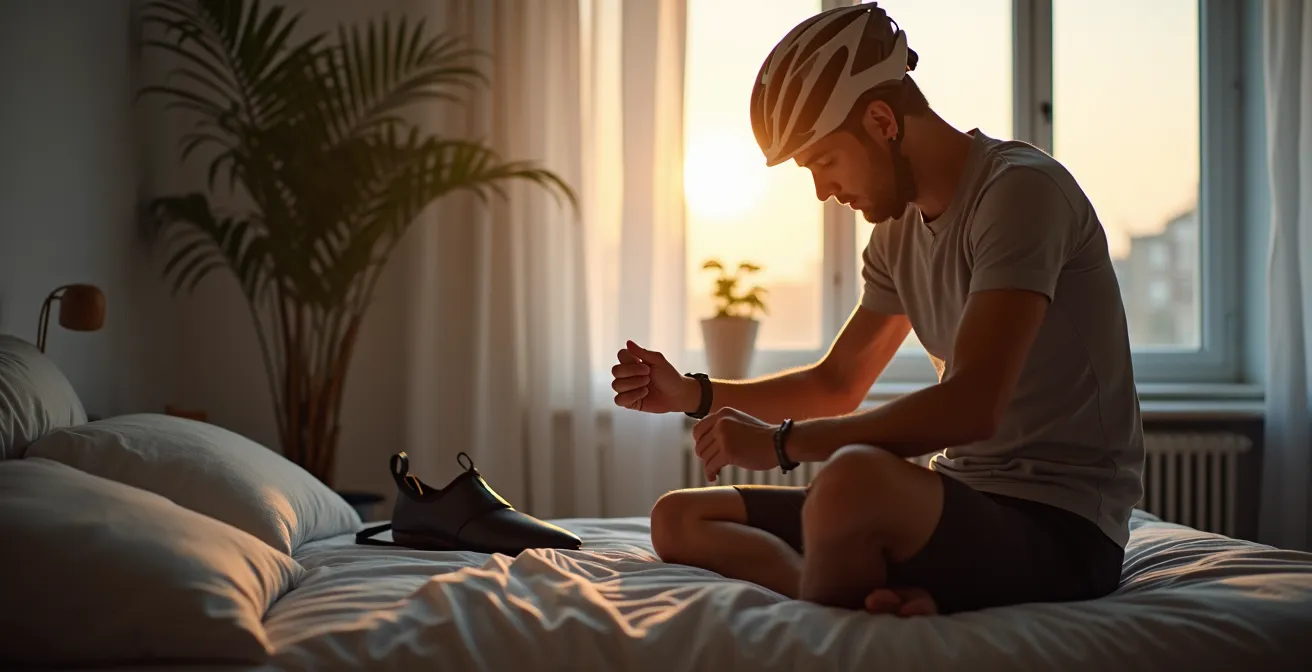 Radfahrer prüft morgens seine Tagesform mit Pulsmessung und mentaler Checkliste