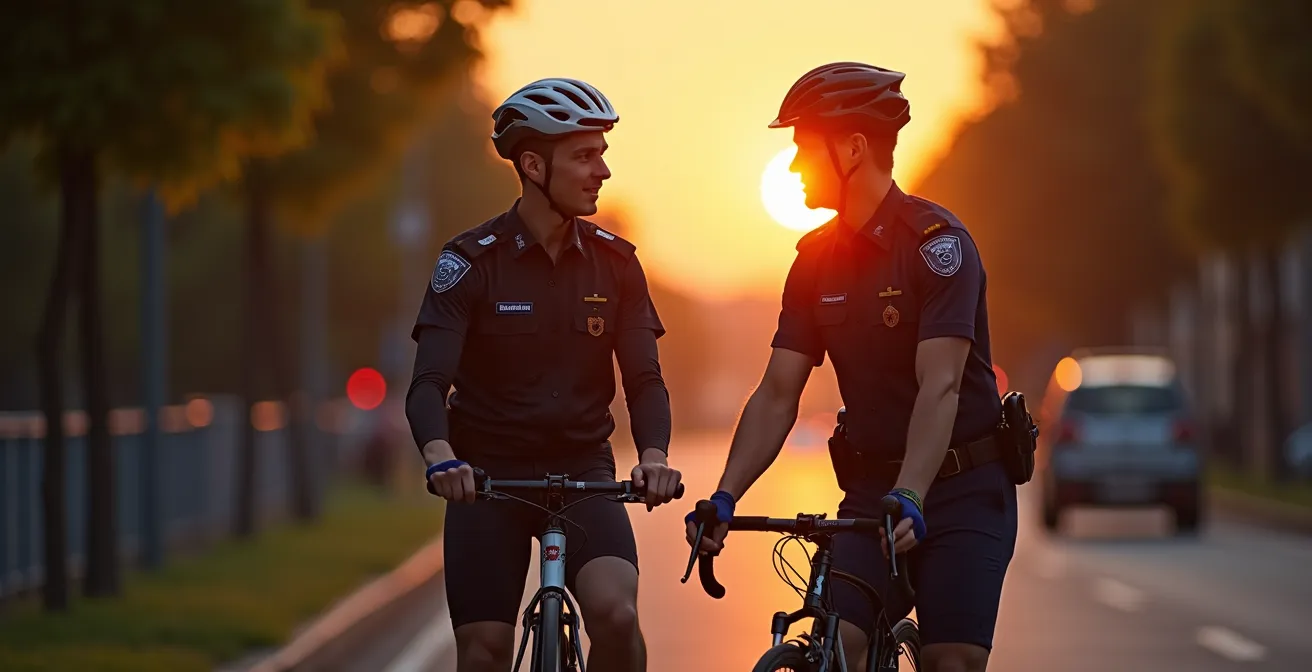Polizeikontrolle prüft Fahrradbeleuchtung in der Dämmerung auf deutscher Fahrradstraße