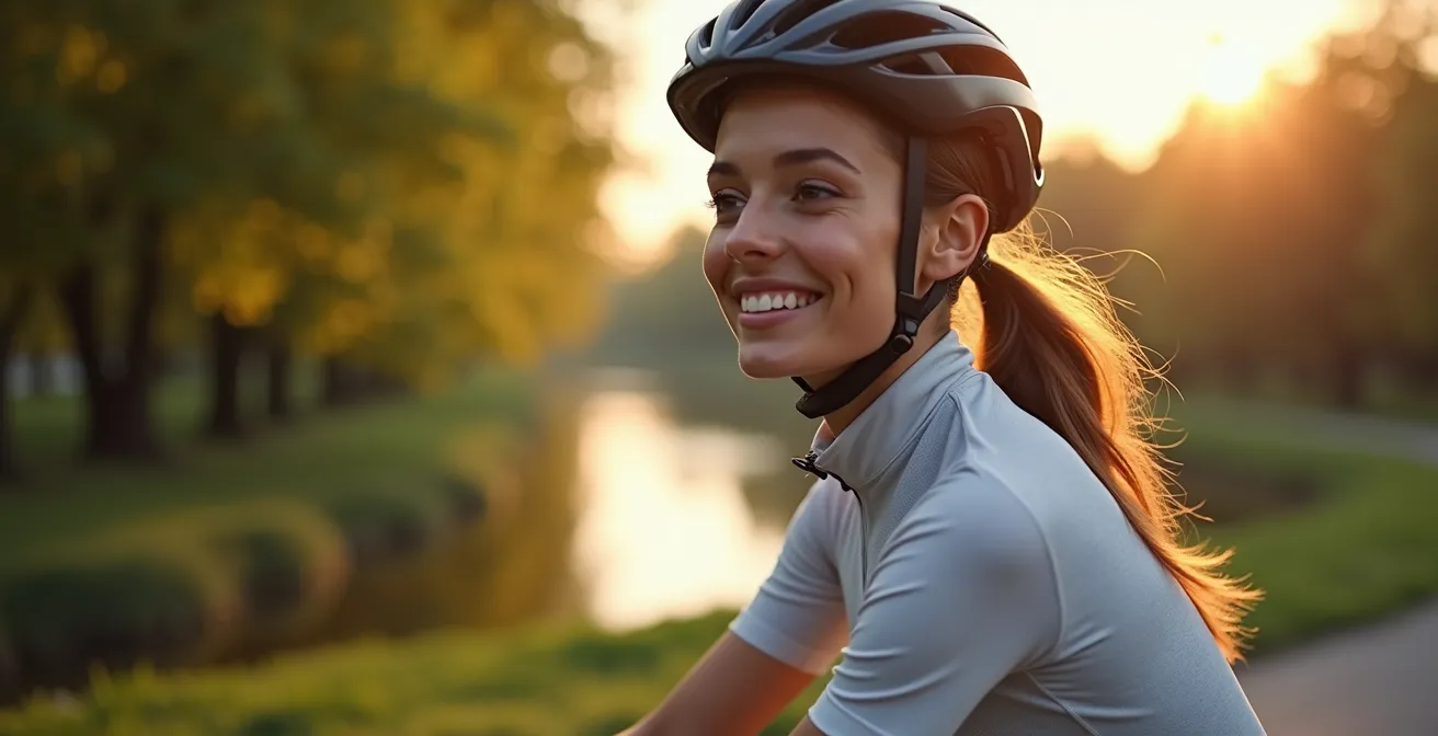 Ein Radfahrer auf einem ruhigen Flussradweg am Elberadweg, sein Gesichtsausdruck ist konzentriert und meditativ.
