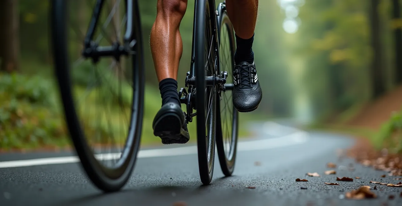 Konzentrierter Radfahrer während eines 20-Minuten-Leistungstests an einem deutschen Mittelgebirgsanstieg