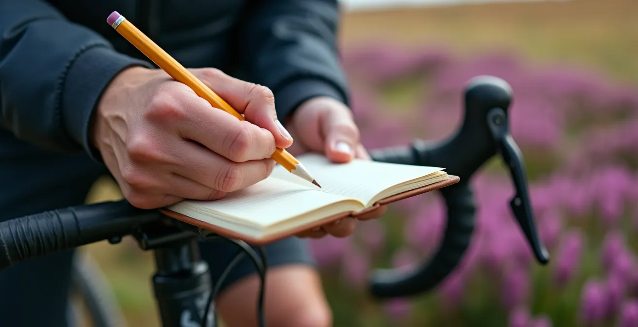 Nahaufnahme der Hände eines Radfahrers, der in der Lüneburger Heide eine Pause macht und ein Notizbuch hält.