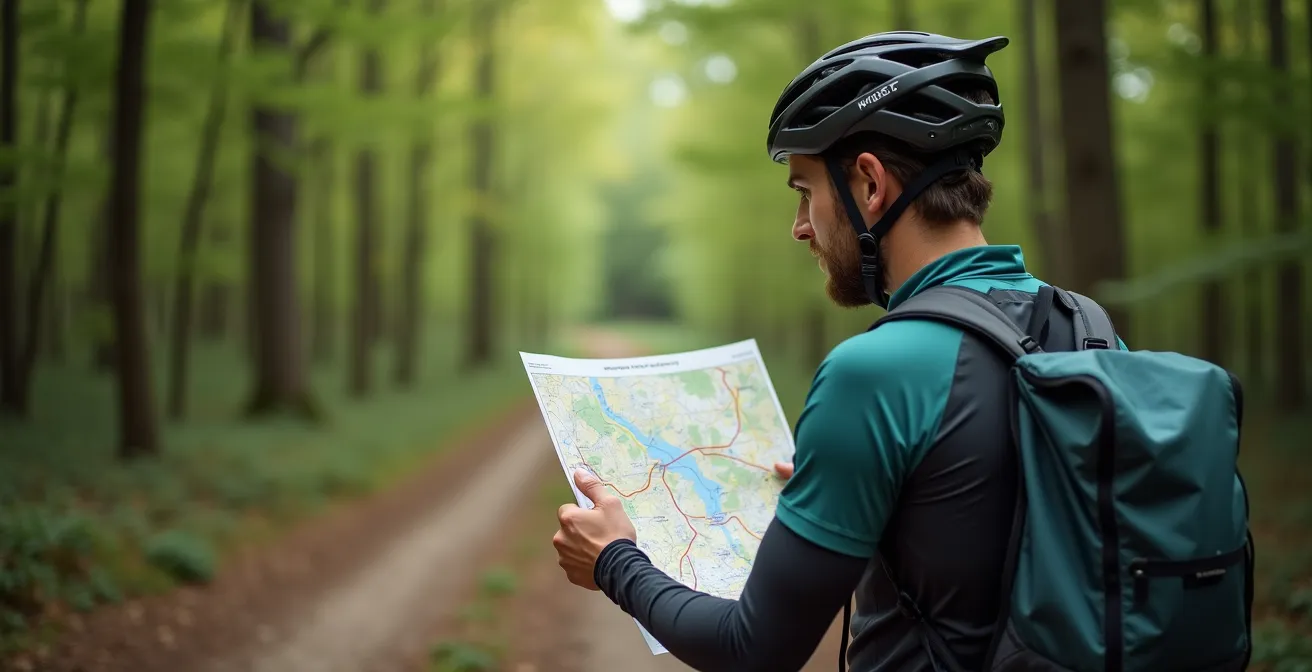 Radfahrer studiert Papierkarte an einer unbeschriebenen Wegkreuzung im deutschen Wald