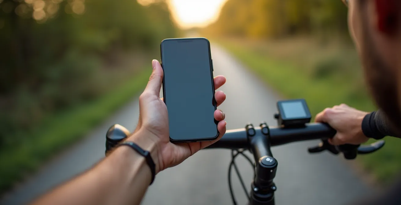 Nahaufnahme von Händen die eine Navigations-App auf dem Smartphone-Bildschirm von hinten betrachten