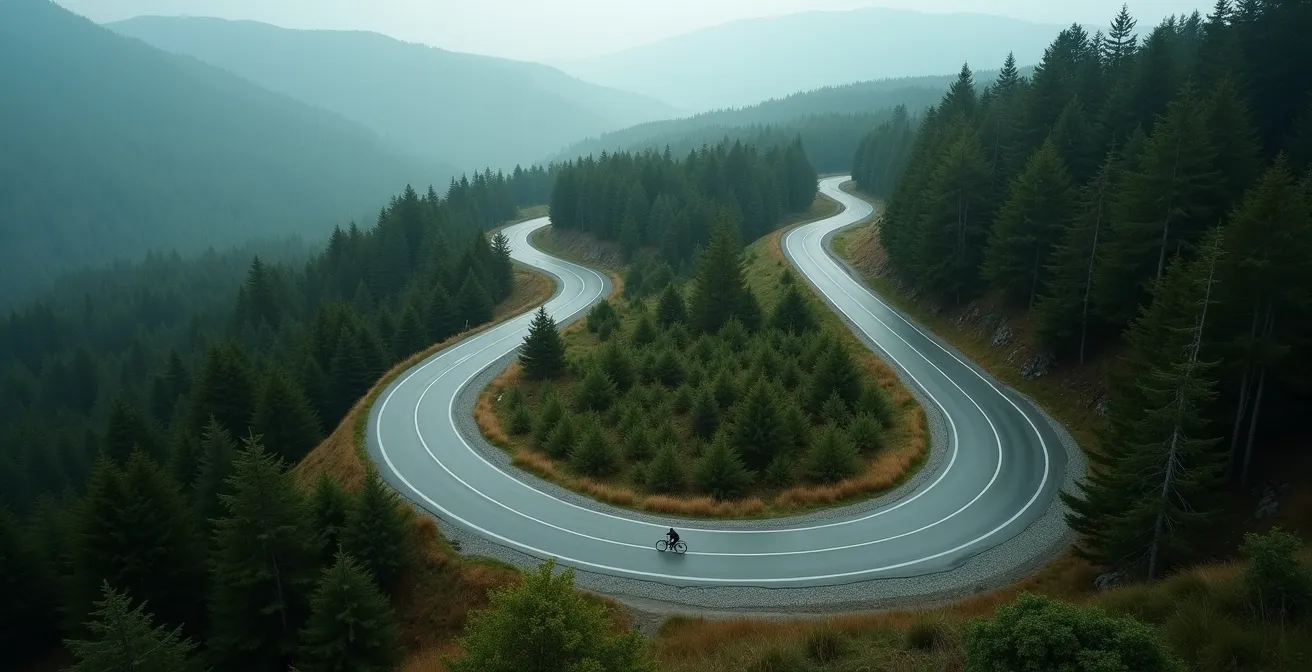 Radfahrer in aerodynamischer Position während einer Serpentinenabfahrt im deutschen Mittelgebirge
