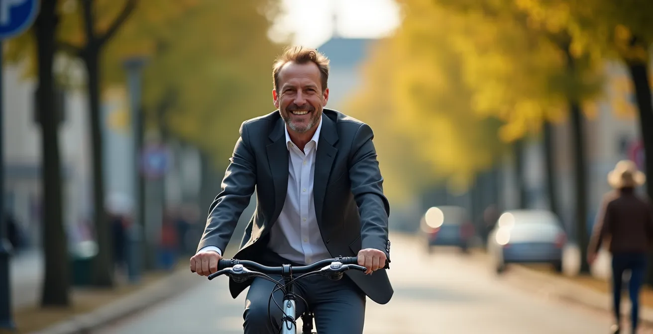Geschäftsmann auf E-Bike pendelt durch München zur Arbeit