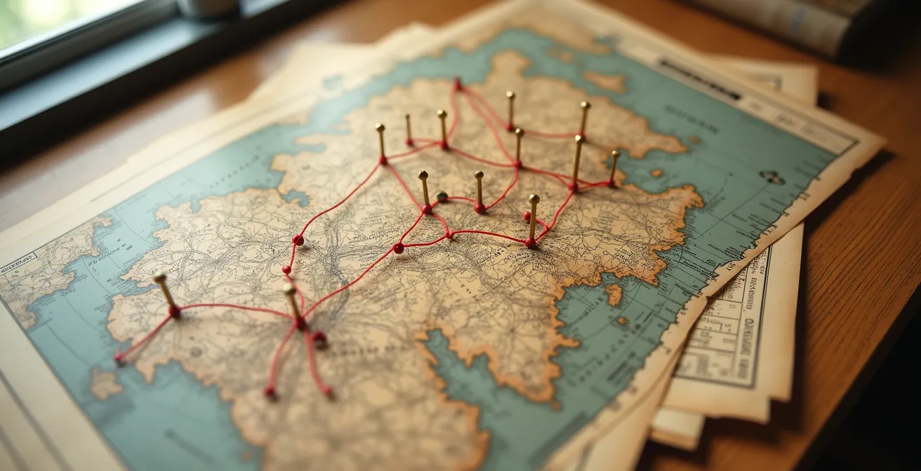 Historische und moderne Karten übereinandergelegt auf einem Holztisch, auf denen mit Nadeln und Faden verborgene Orte markiert sind.