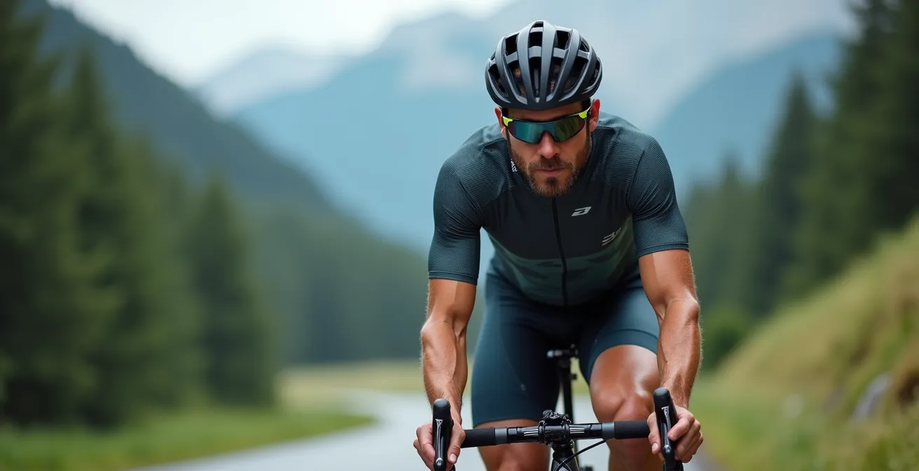 Radfahrer im Wiegetritt am Berganstieg mit Ganzkörper-Muskelaktivierung