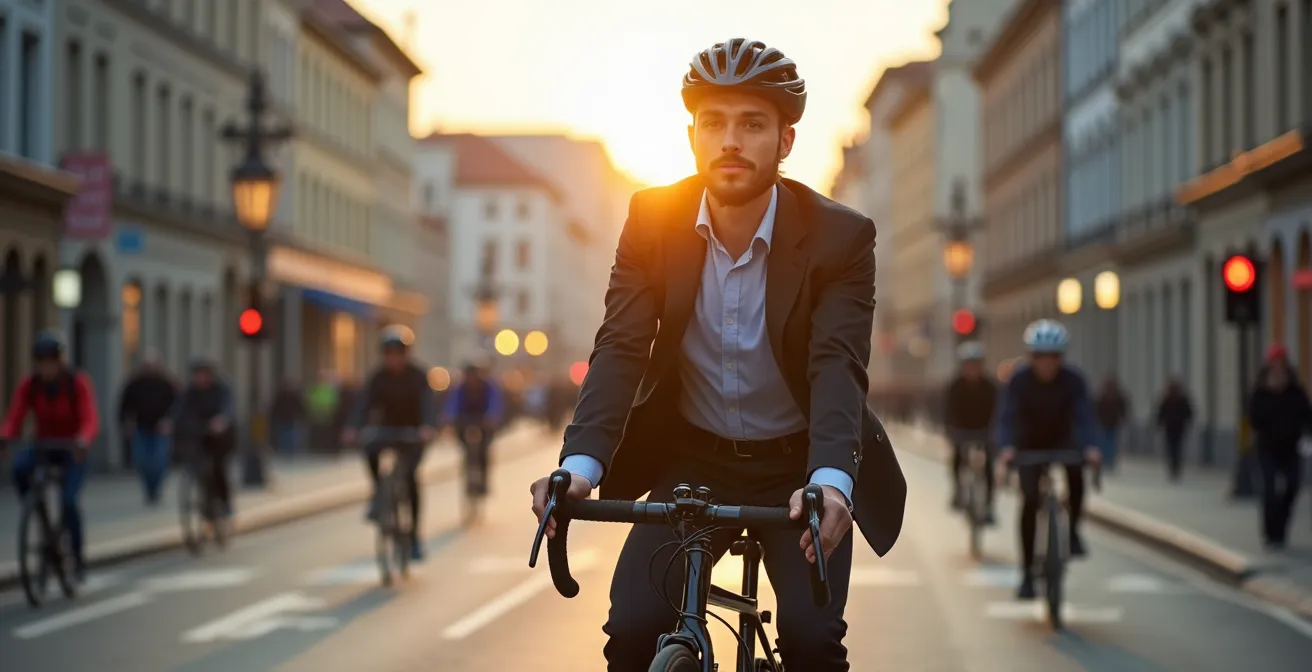 Berufspendler mit Fahrrad in deutscher Stadt während der Rushhour